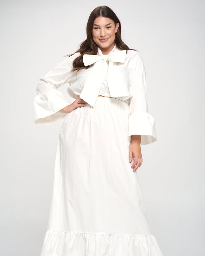 Front of a model wearing a size 1X Poplin Bell Sleeve Top and Skirt Set in Ivory by L I V D. | dia_product_style_image_id:241474